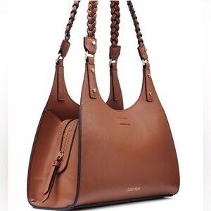 Calvin Klein Shelly Satchel in Caramel Brown with Braided  Straps MSRP $168